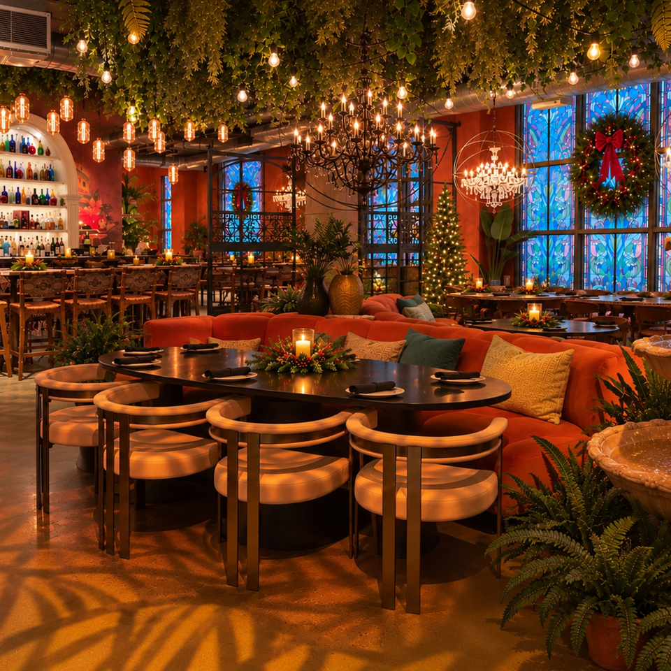 Warmly lit restaurant dining room with round tables, orange banquette seating, chandeliers, stained-glass windows, plants, and holiday decorations.