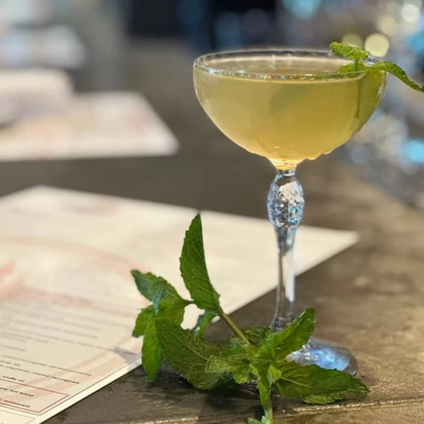 A Havana 151 cocktail in a coupe glass, garnished with mint, on a bar with a menu.