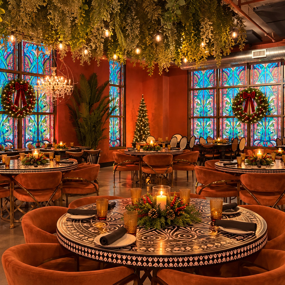 Festive restaurant dining room with ornate tables, candlelit centerpieces, stained-glass windows, Christmas wreaths, and a decorated tree.